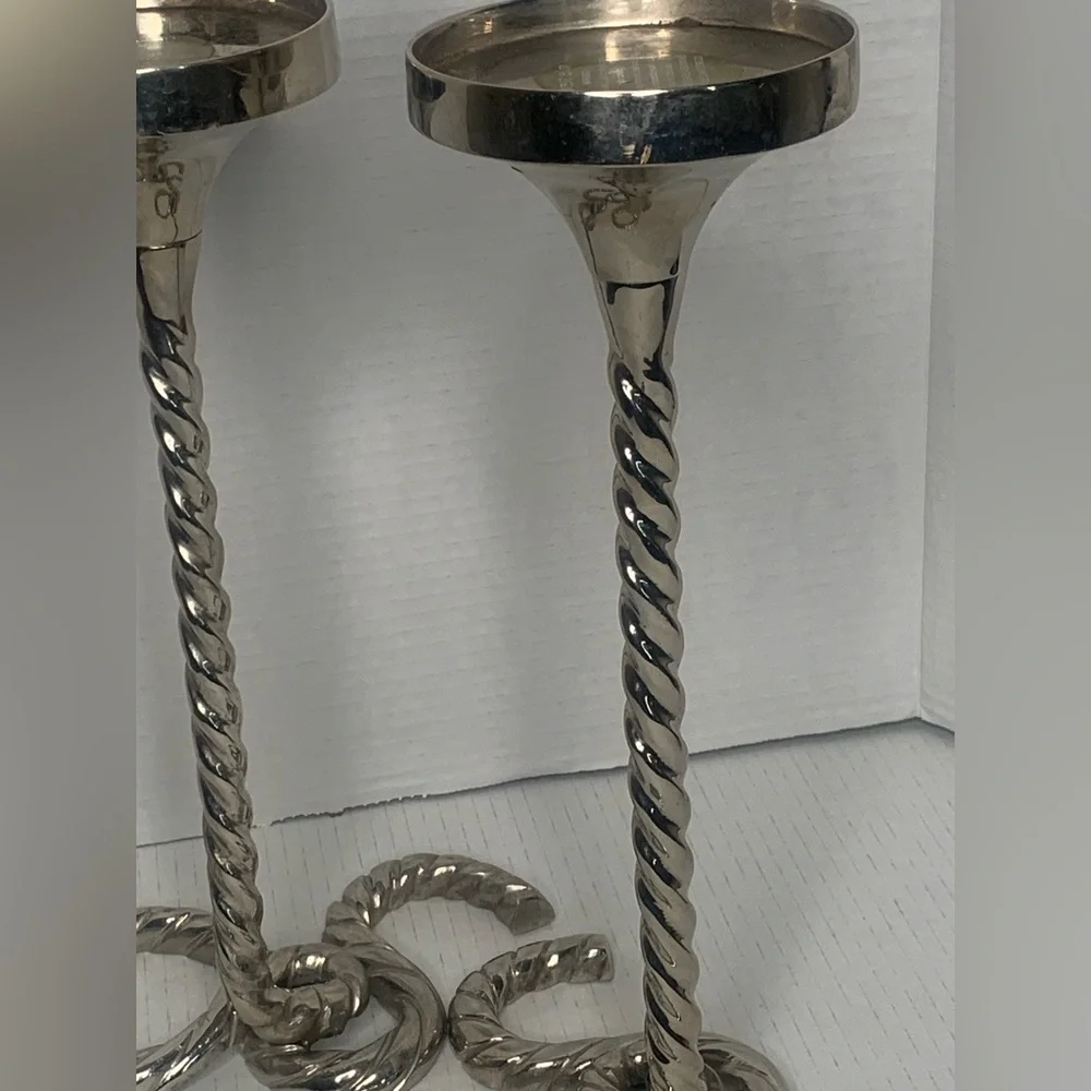 WEST ELM SILVER DECORATIVE SPIRAL PILLER CANDLE HOLDERS 3x3 size